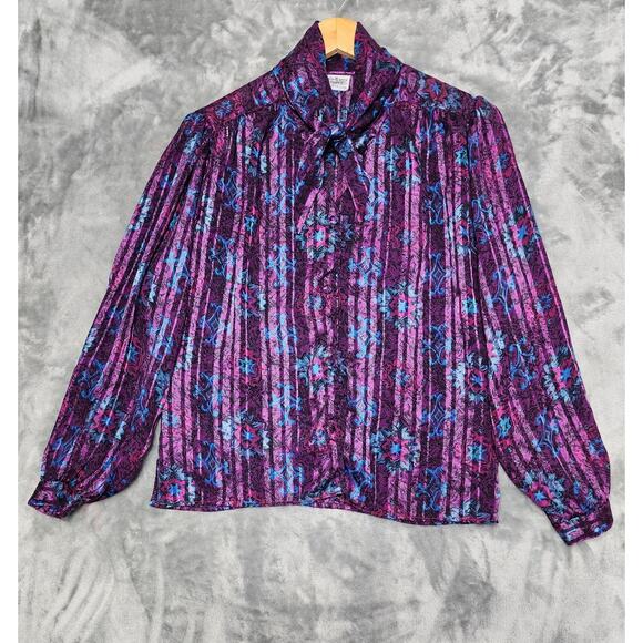 Vintage 80s Deborah Barry Top Womens M Purple Blue Striped Floral Striped Tie - Picture 1 of 7